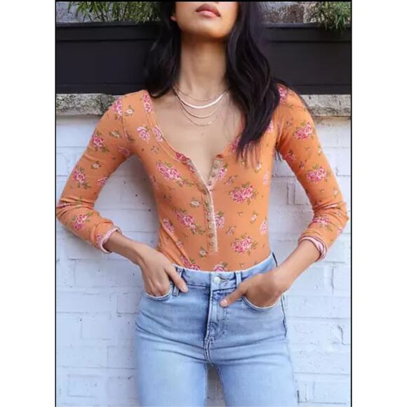 Free People Dylan Thermal Waffle Knit Floral Long Sleeve Henley Bodysuit - Picture 1 of 12